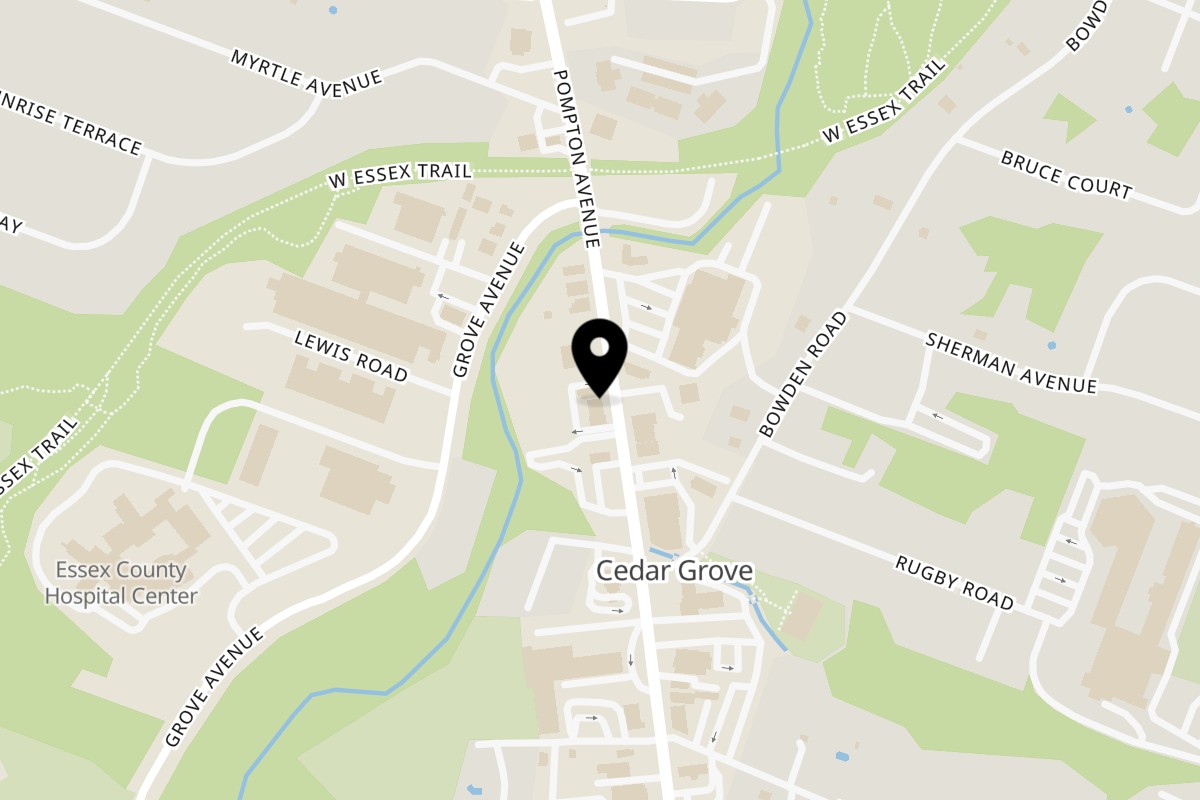 Map showing the location of The Fruit Bar on 582 Pompton Ave in Cedar Grove